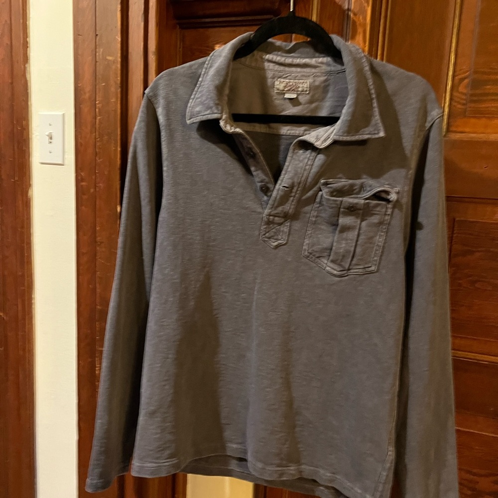 Wallace & Barnes Gray Blue Collared Long Sleeve T with Pocket Size Small